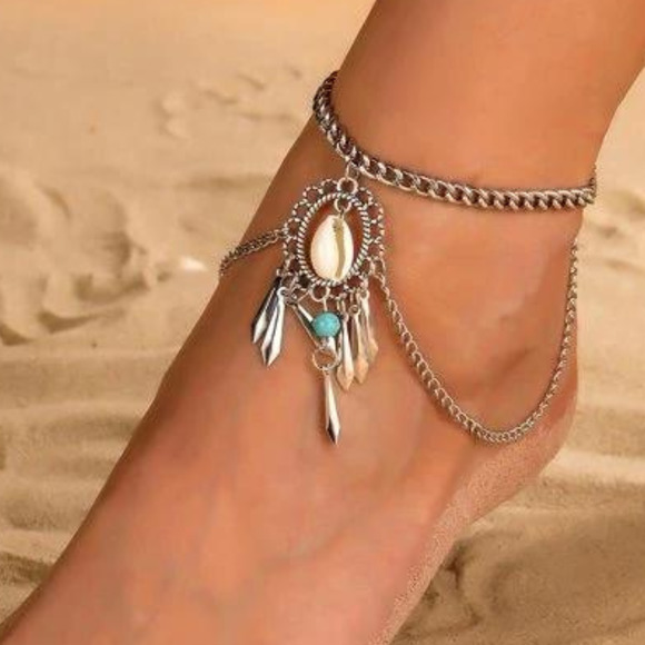 Anklet Tribal Indian Ankle Bracelet Feathers Turquios Silver Boho Foot Necklace - Picture 4 of 8